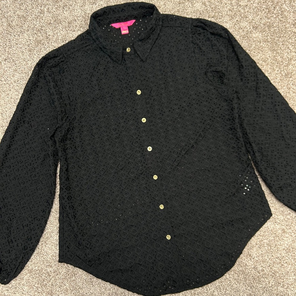 Lilly Pulitzer Sea Breeze Eyelet Button Down Shirt Women Size Large Black Onyx